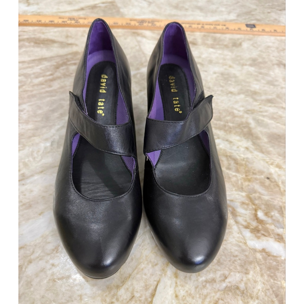 David Tate Black Leather Heels with Purple Lining 8.5 rounded strap Mary Jane